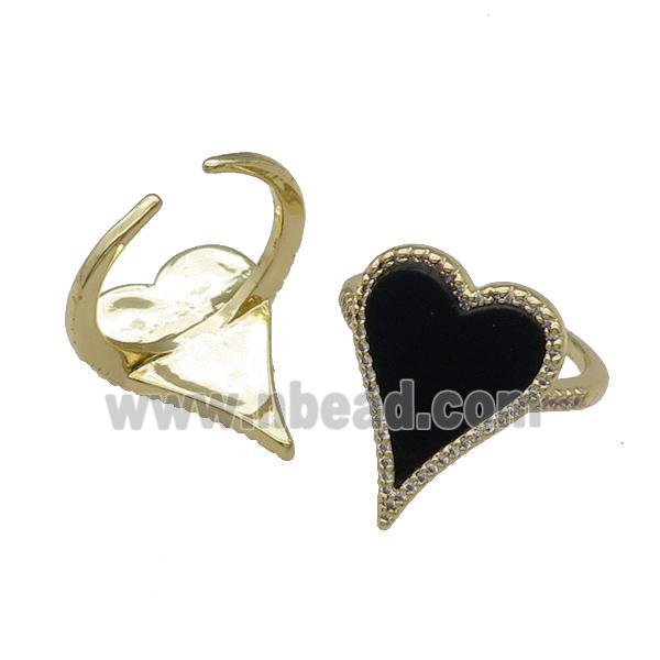 copper Ring pave heart black stone gold plated