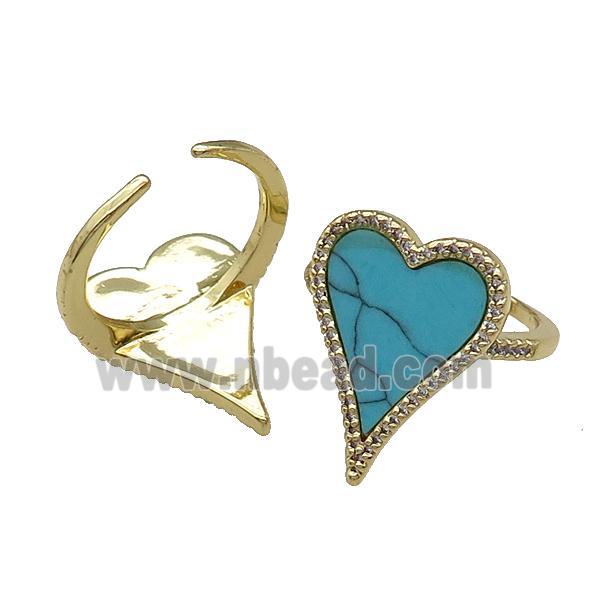 copper Ring pave heart turquoise gold plated