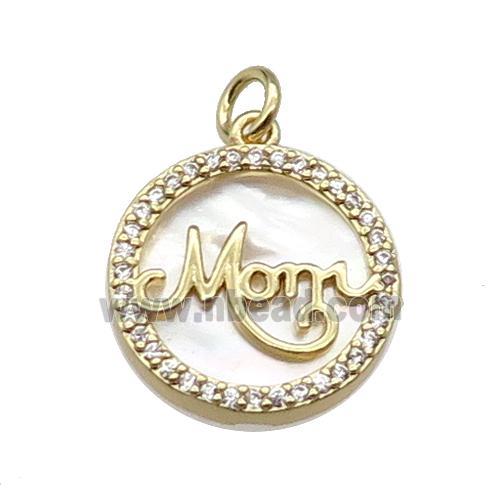 copper circle MOM pendant pave zircon shell gold plated