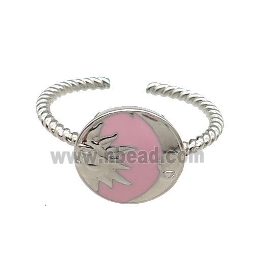 copper Moon Ring with pink enamel sun platinum plated