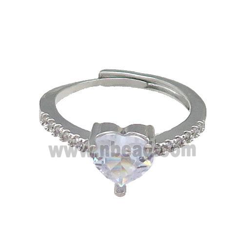 Copper Heart Ring Pave Zircon Adjustable Platinum Plated