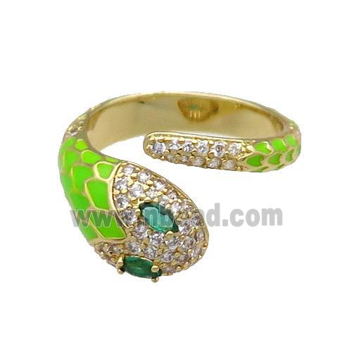 Copper Snake Ring Pave Zircon Green Enamel Gold Plated