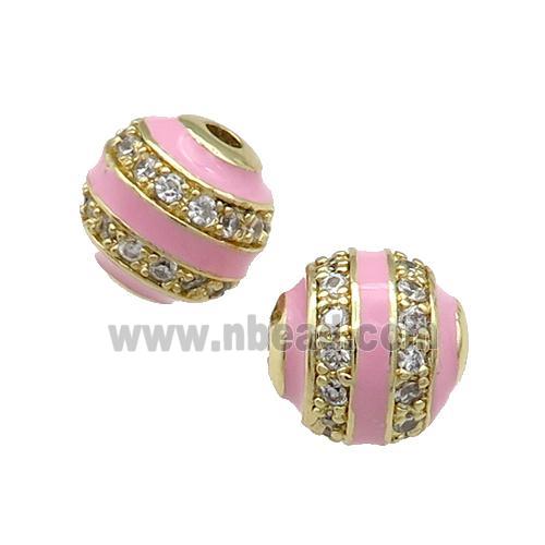 Copper Round Beads Pave Zircon Pink Enamel Gold Plated
