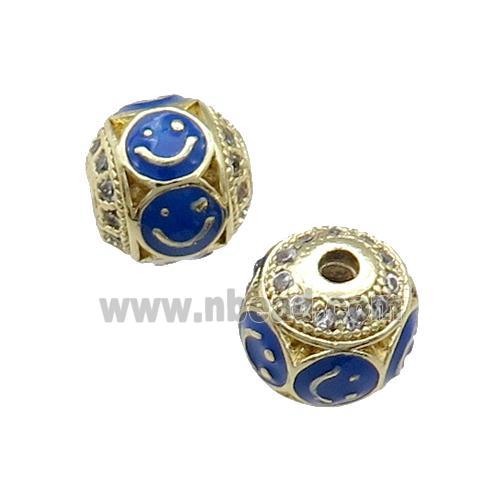 Copper Round Beads Pave Zircon Blue Enamel Emoji Gold Plated