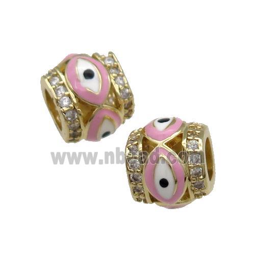 Copper Tube Beads Pave Zircon Pink Enamel Evil Eye Large Hole Gold Plated