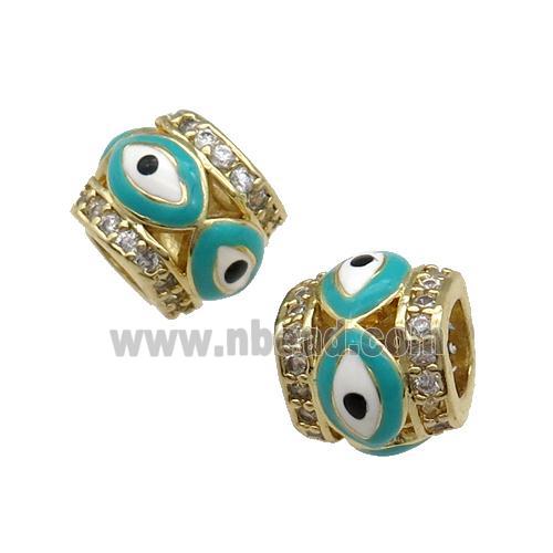 Copper Tube Beads Pave Zircon Green Enamel Evil Eye Large Hole Gold Plated