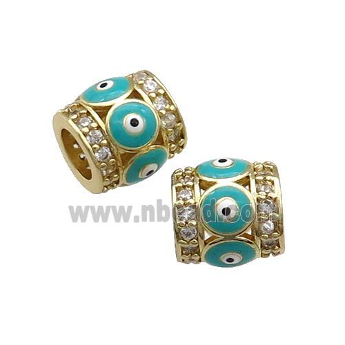 Copper Tube Beads Pave Zircon Teal Enamel Evil Eye Large Hole Gold Plated