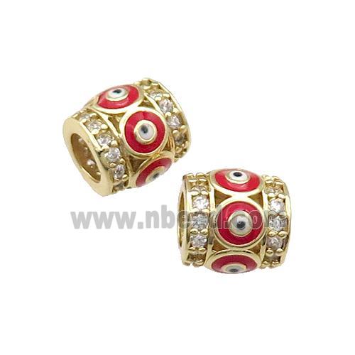Copper Tube Beads Pave Zircon Red Enamel Evil Eye Large Hole Gold Plated
