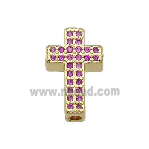 Copper Cross Beads Pave Hotpink Zircon Gold Plated