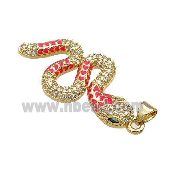Copper Snake Charm Pendant Pave Zircon Red Enamel Gold Plated