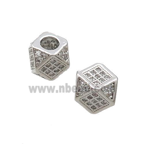 Copper Cube Beads Pave Zircon Large Hole Platinum Plated