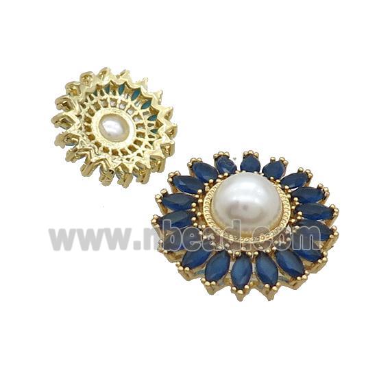 Copper Beads Pave Zircon Darkblue Flower Glass Pearlized Gold Plated