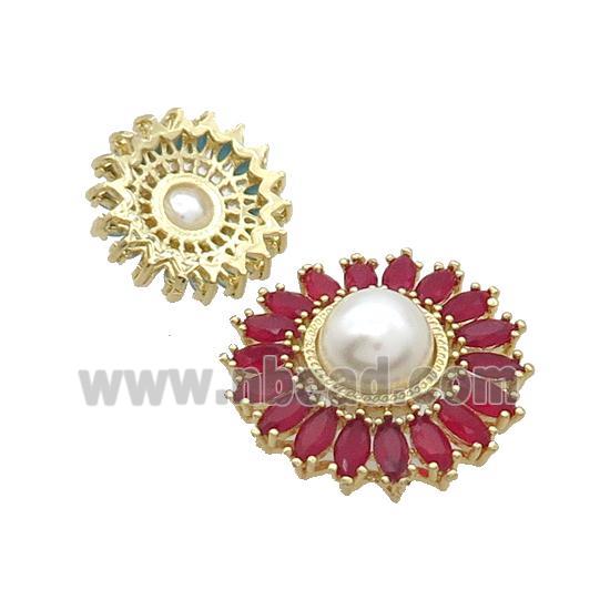 Copper Beads Pave Zircon Red Flower Glass Pearlized Gold Plated