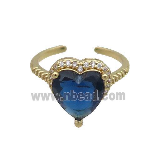 Copper Ring Pave Zircon Blue Crystal Heart Gold Plated