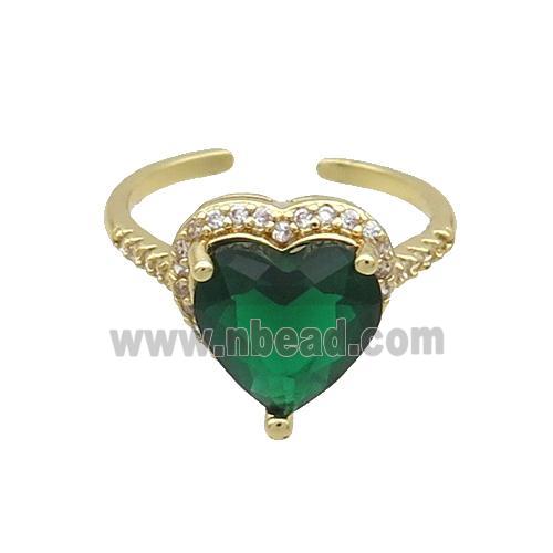 Copper Ring Pave Zircon Green Crystal Heart Gold Plated