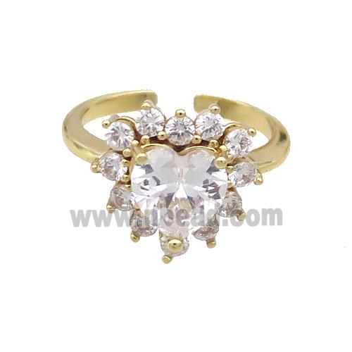 Copper Ring Pave Zircon Clear Crystal Heart Gold Plated