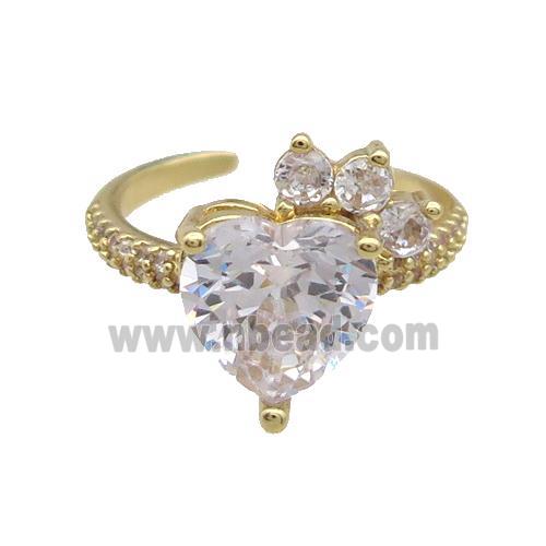 Copper Ring Pave Zircon Clear Crystal Heart Gold Plated
