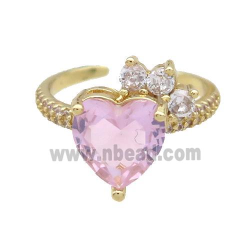 Copper Ring Pave Zircon Pink Crystal Heart Gold Plated