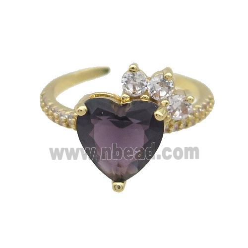 Copper Ring Pave Zircon Purple Crystal Heart Gold Plated