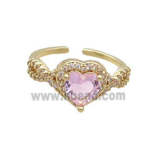 Copper Ring Pave Zircon Pink Crystal Heart Gold Plated