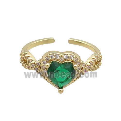 Copper Ring Pave Zircon Green Crystal Heart Gold Plated