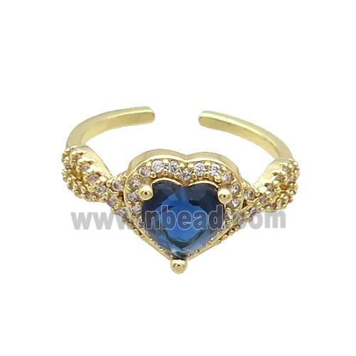 Copper Ring Pave Zircon Blue Crystal Heart Gold Plated