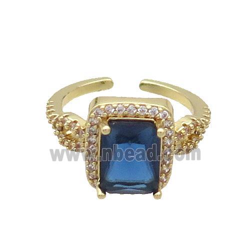 Copper Ring Pave Zircon Blue Crystal Rectangle Gold Plated