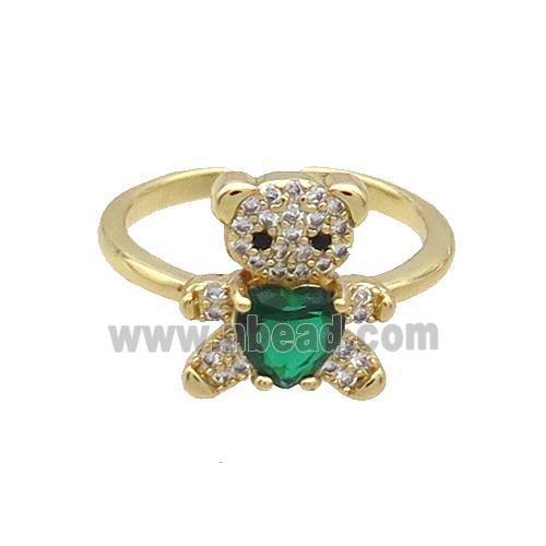 Copper Ring Pave Zircon Green Crystal Bear Gold Plated