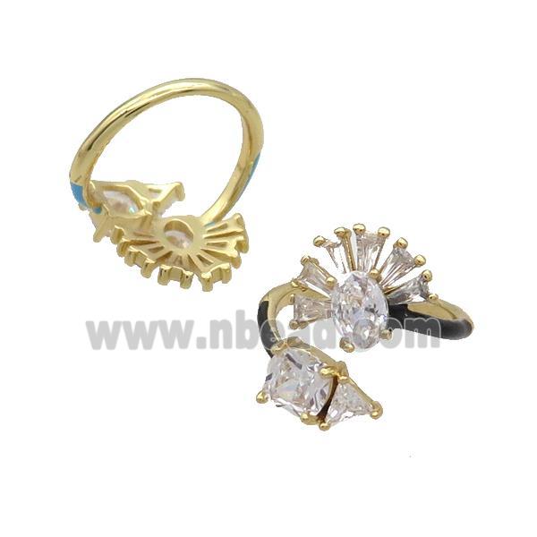Copper Ring Pave Zircon Clear Crystal Black Enamel Gold Plated