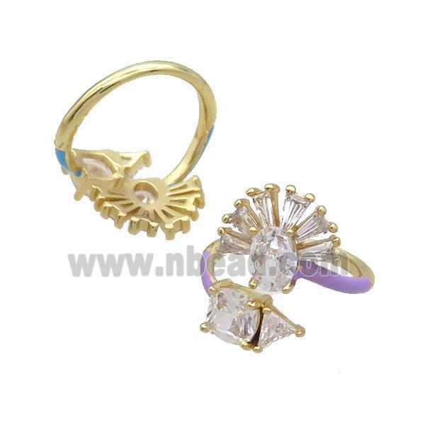 Copper Ring Pave Zircon Clear Crystal Lavender Enamel Gold Plated