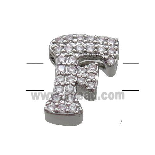 Copper Alphabet Beads Pave Zircon Letter-F 2holes Platinum Plated