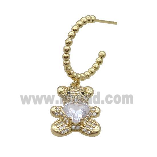 Copper Stud Earring With Bear Pave Zircon Gold Plated