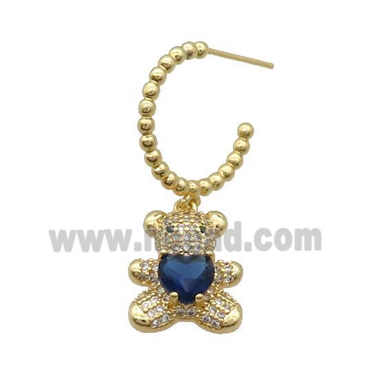 Copper Stud Earring With Bear Pave Zircon Blue Gold Plated