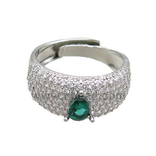 Copper Ring Pave Zircon Green Crystal Glass Teardrop Adjustable Platinum Plated
