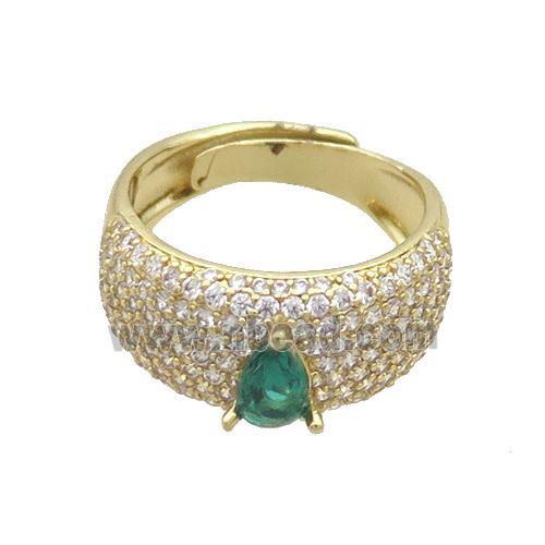 Copper Ring Pave Zircon Green Crystal Glass Teardrop Adjustable Gold Plated