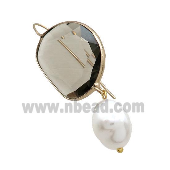 Copper Hook Earring With Pearlized Shell Smoky Cat Eye Glass Gold Plated