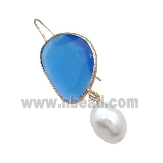Copper Hook Earring With Pearlized Shell Blue Cat Eye Glass Gold Plated