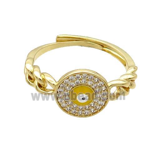 Copper Ring Pave Zircon Yellow Enamel Evil Eye Adjustable Gold Plated
