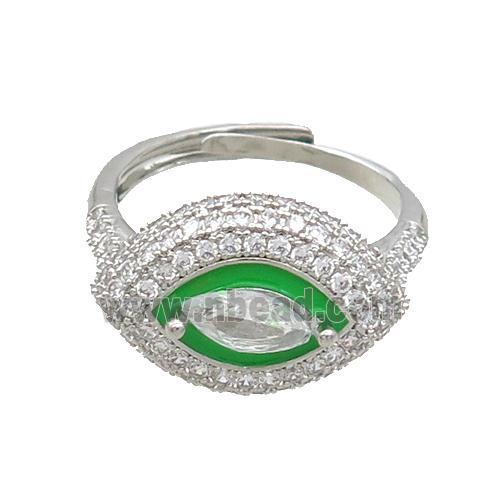 Copper Ring Pave Zircon Green Enamel Eye Adjustable Platinum Plated