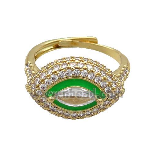 Copper Ring Pave Zircon Green Enamel Eye Adjustable Gold Plated