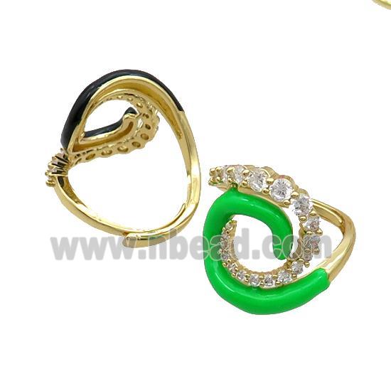 Copper Ring Pave Zircon Green Enamel Adjustable Gold Plated