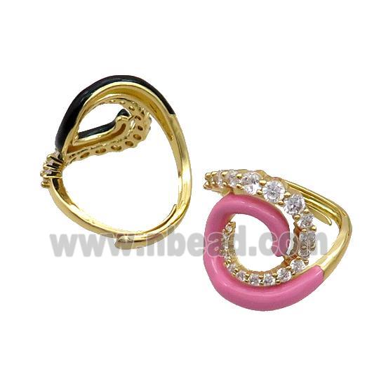 Copper Ring Pave Zircon Pink Enamel Adjustable Gold Plated