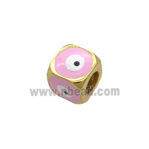 Copper Cube Beads Pink Enamel Evil Eye Large Hole Gold Plated