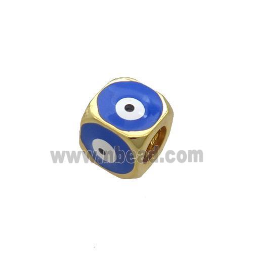 Copper Cube Beads Blue Enamel Evil Eye Large Hole Gold Plated