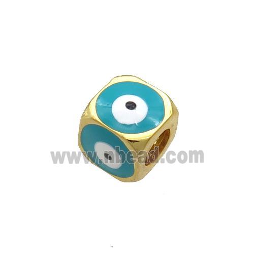 Copper Cube Beads Teal Enamel Evil Eye Large Hole Gold Plated