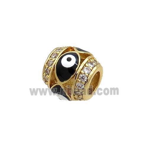 Copper Barrel Beads Pave Zircon Black Enamel Evil Eye Large Hole Gold Plated