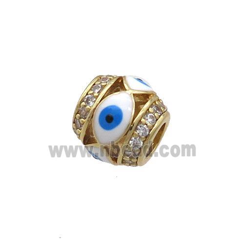 Copper Barrel Beads Pave Zircon White Enamel Evil Eye Large Hole Gold Plated