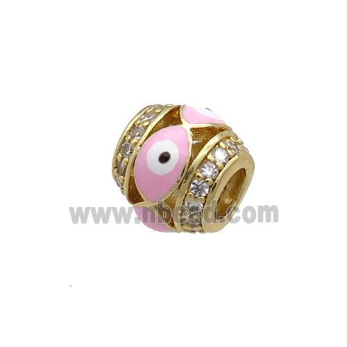 Copper Barrel Beads Pave Zircon Pink Enamel Evil Eye Large Hole Gold Plated