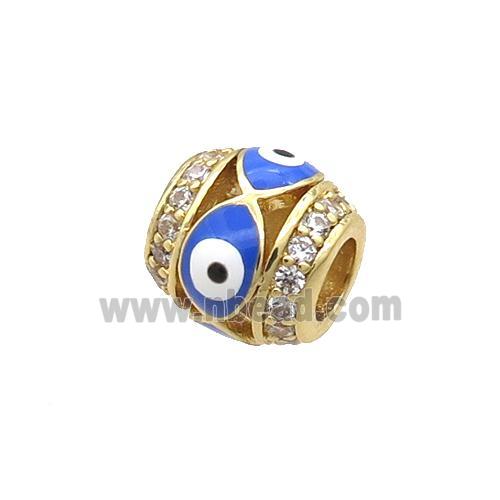 Copper Barrel Beads Pave Zircon Blue Enamel Evil Eye Large Hole Gold Plated