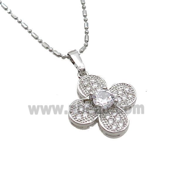 Copper Necklace With Clover Pave Zircon Platinum Plated